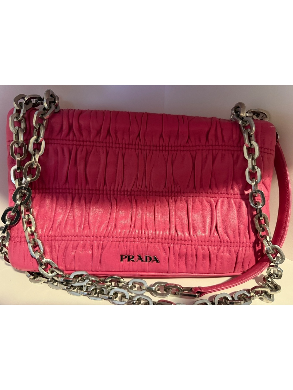 Prada Pink Ruched Leather Shoulder Bag with Silver Chain Strap